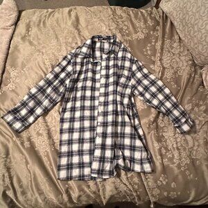 Shein 1XL Flannel Xtra Long Button-Up Shirt Blue & White